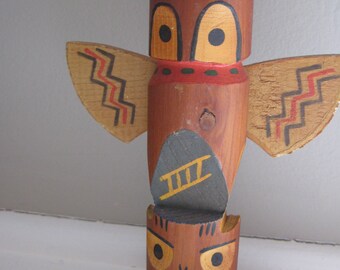TOTEM POLE Vintage Wooden Hand Painted Hand Carved Totem Pole 60s Northwest Coast