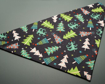 Christmas trees on blue dog bandana slides over the collar