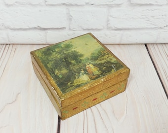 Vintage Ornate Florentine Style Wood Jewelry Box Painted Scene Gold Gilt