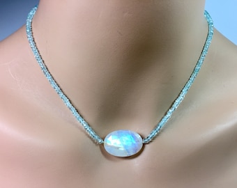 Aquamarine and Rainbow Moonstone Necklace in Sterling Silver