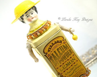 When Life Gives You Lemons Art Doll Yellow Lemon Talc Tin Assemblage Art Doll Lorelie Kay Original