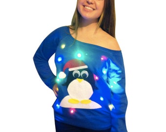 Women's UGLY CHRISTMAS SWEATER - Penguin!!! - Light Up - Swoop Neck / Off The Shoulder Christmas Sweater _____**Fast Shipping**_____