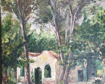 Antique french oil painting house in the forest original signed dated 1940s