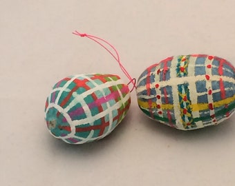 Two Spun Cotton Painted Eggs plaid feather tree ornament by Maria Paula
