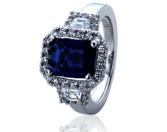 Women Silver Rhodium Plated 2.5ct Radiant Blue Sapphire CZ Anniversary Ring(GPBS13R0156A)