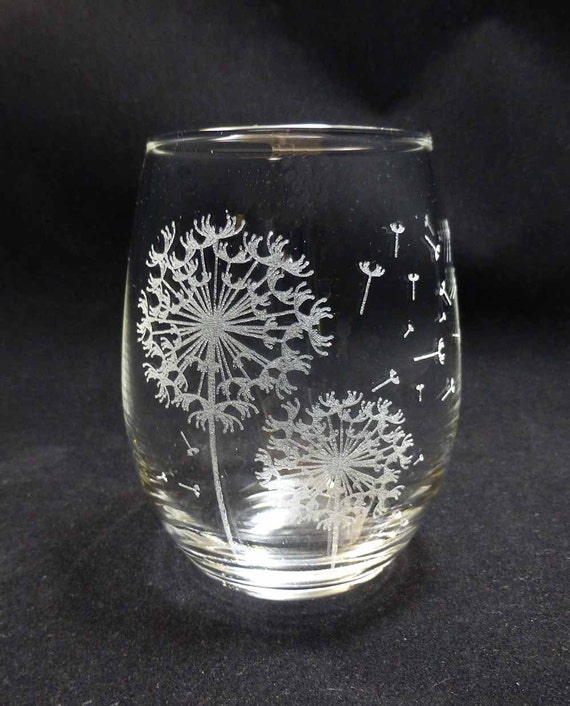 Dandelion Seeds Stemless Wine Glass Flower Design Wedding