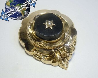 Antique Biedermeier gold foil brooch - with Onyx round 1850