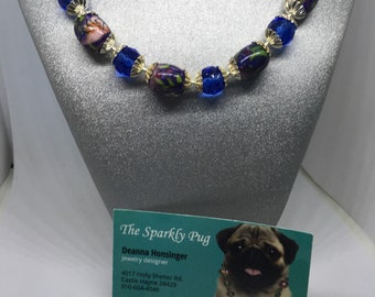 Blue lampwork and crystal necklace and earring set