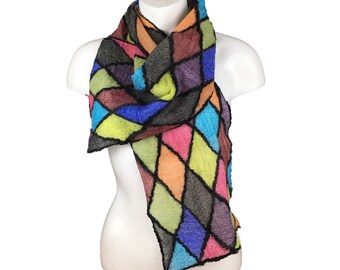 Nuno felted scarf, wool and silk, fashion scarf, stained glass, nuno felting, lightweight scarf, womens fashion, felted scarf
