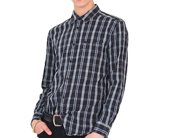VINTAGE Blue WRANGLER Checked Long Sleeve Retro Button Down Shirt
