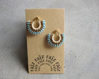 Teardrop Stud Earrings . Gold . Pastel Tones Textile Jewelry . Fiber Micro Macrame . Geometric Fan Earrings . Design by .. raïz ..