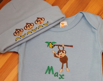 Personalized Embroidered Baby Onepiece Bodysuit and Cap - Monkey Fun