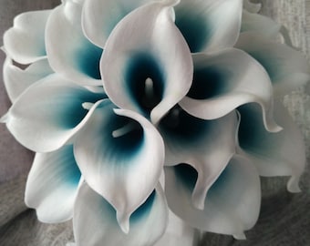 Calla Lily Bouquet Flowers 10 Stems Oasis Teal Picasso Calla Lilies Real Touch Bridal Bouquet Faux Flowers Wedding Centerpieces MTL-FLN004