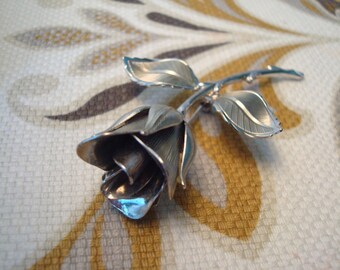 Vintage Rose on Stem Silver Tone Brooch - Sweet!!