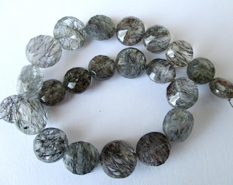 Rutilated, Tourmalinated Quartz faceted coin beads- 8-10mm- 11 beads