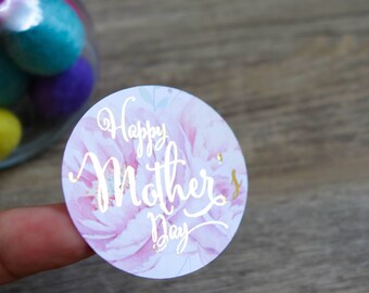 Happy Mother's Day Foil Stickers, Labels, 5cm Round, A4 Sheet, Real Foil, Flowers, Product Sticker, Mother's Day Stall, Bulk, Mum Gift