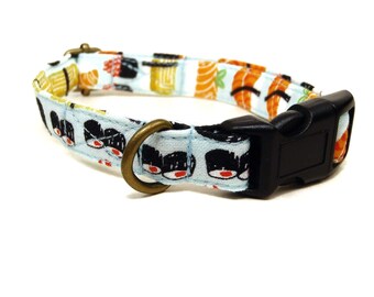 Sushi Roll - Light Blue Sushi Sashimi Japanese Fish Organic Cotton CAT Collar - All Antique Metal Hardware
