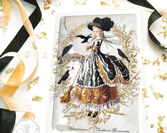 Halloween witch card, Marie Antoinette with crows, Gothic, blank all occasion card