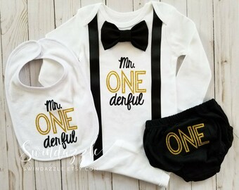 Mr. ONEderful - Mr ONEderful shirt - ONEderful outfit - ONEderful first birthday theme - black and gold ONEderful theme - cursive