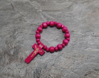 Pink Wooden Cross Bracelet - Pink Wood Bracelet - Pink Bracelet - Pink Wood Beads