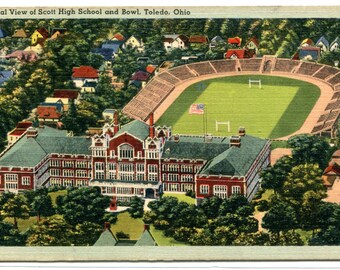 Football Stadium Scott High School Toledo Ohio linen 1940s postcard