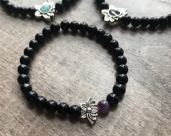 Black Obsidian and Amethyst Lotus Wellness Bracelet