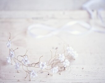 23 White flower crown, Pearl hair accessories, Floral crown, Flower tiara, Wedding hair accessories, Bridal tiara, Hair piece wedding Bridal