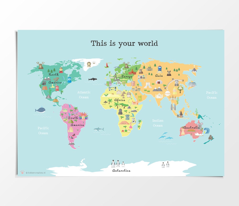 Printable Kids World Map Poster A3 11x14 in 24x36 in