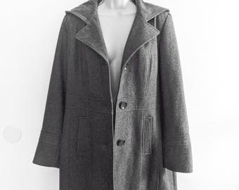 Vintage Gray Wool Peacoat with Hood, Vintage Women's Coat, Academy Coat - L