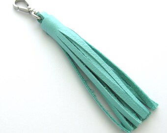 Leather Tassel Purse Charm, Tassel Keychain, Leather Key Fob, Blue Leather Tassel Charm, Handbag Tassel, Blue and Silver Key Fob