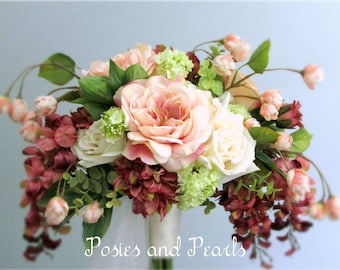 Cascading Pink Silk Flower Bridal Bouquet and Groom's Boutonniere, Open Roses, Wisteria, Dahlias, Tulle Stem Wrap, "Adored"