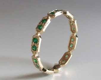 Emerald Eternity ring - Green stone ring - thin band - dainty gold ring - stacking ring