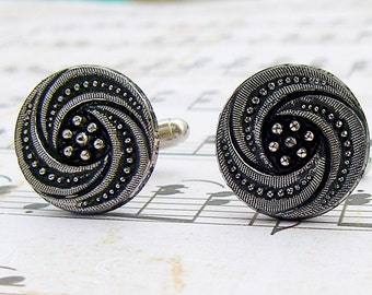 Silver Whirlwind - Vintage glass button cufflinks, repurposed, up cycled cuff links