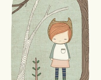 Woodland Art Print - Autumn- with Livey Bear Girl in the Woodlands