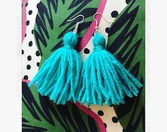Yarn Tassel Earrings - Teal