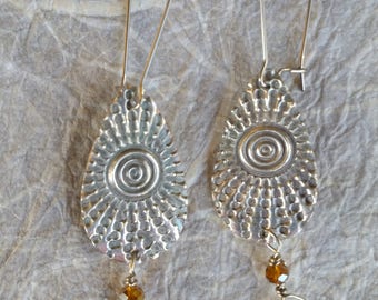 Fine Silver sunburst with honey crystal dangle. Here comes the Sun! Celebrate yours or loved one's Sunny Disposition!