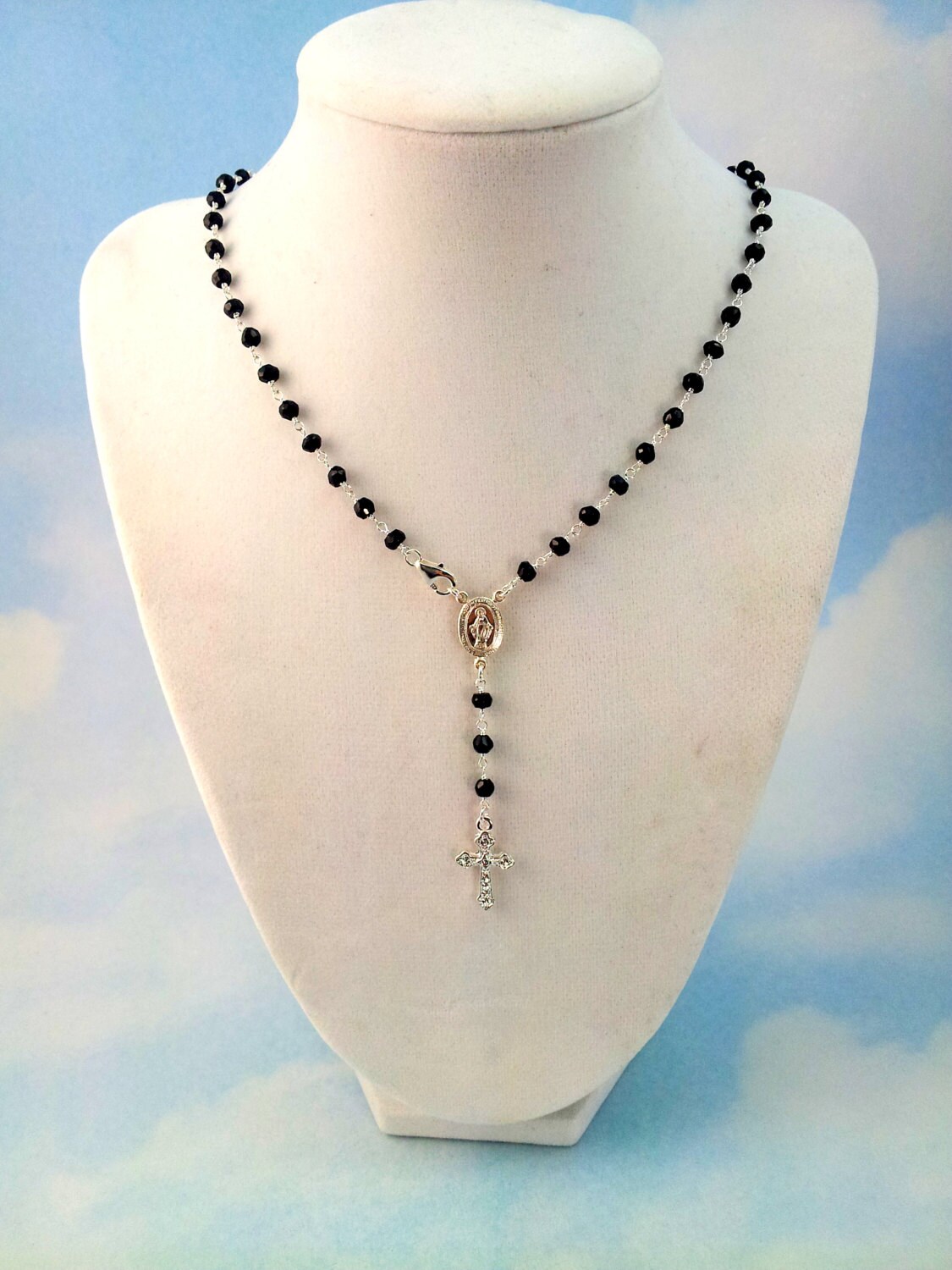 Black Spinel Rosary Necklace 925 Sterling Silver Womens Cross