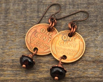 Garnet penny earrings, red beads, US coins, copper dangle French hook
