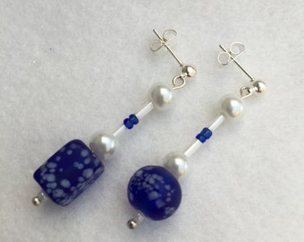 Hand Crafted Blue and Cream Beaded Earrings.