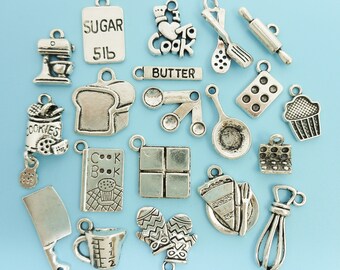 Cooking / Baking Charm Set / Collection Antique Silver 20 Cook Baker Chef Charms Pendants