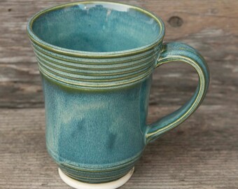 16 OZ Coffee or Tea Mug, Ocean Green Drip, Natural Patina High Fire Stoneware, Hand Painted, Ready To Ship