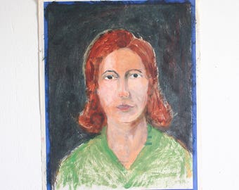 Vintage Lady Portrait / Outsider Art / 15 x 19 / Original Acrylic Painting on Found Paper