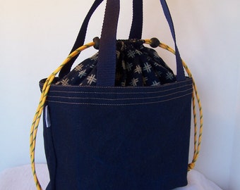 Denim Insulated Lunch Sack, 10" long by 5" wide, Drawstring Lunch bag, Lunch cooler, Cosmetic bag, Make up Kit,