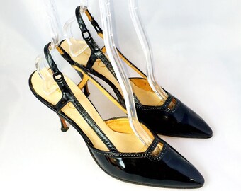 Vintage 1950s Black Patent Leather Slingback Heels | De Mura Size 7