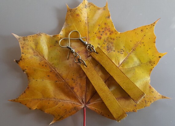 Leather Earring Set w/ Bronze Shepherd Hooks Travel Light Handmade Ladies Chartruese Hand Dyed Earrings with Burlap Gift Bag-Perfect Gift