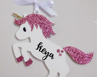 Personalised unicorn glitter acrylic perspex hanging bauble decoration mid pink personalized ornament