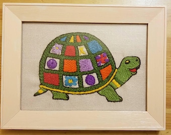 Vintage crewel turtle, framed