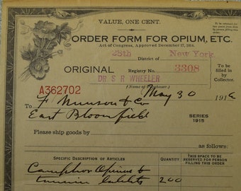 1916 Opium Order Form Certificate License, vintage, antique (E2)
