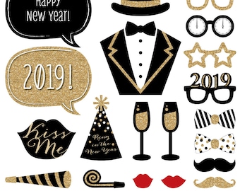 20 pc. Happy New Years Party - 2019 Gold Photo Booth Props - Holiday Party Kit with Mustache, Hat, Bow Tie, Glasses and Custom Talk Bubble