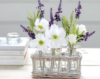 Artificial Wild Rose & Lavender Flower Arrangement With Vase | Silk Roses And Lavender Blooms | Faux Flower Bottles In Country Wicker Basket